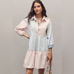 Anthropologie The Bettina Stripe Mix Tiered Mini Shirt Dress XS